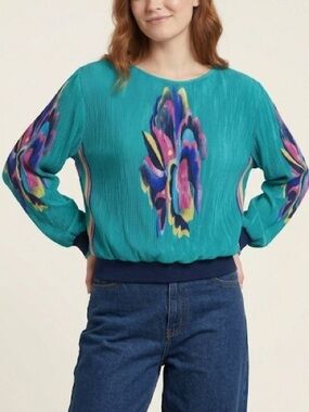 Vintage 1980s Virginie Teal Pleated Abstract Floral Size Medium Made in France